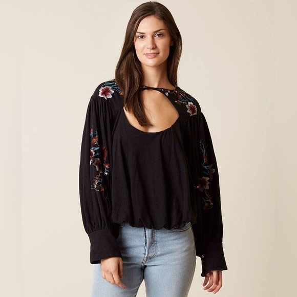 Free People Lita Embroidered Cut Out Long Sleeve Blouse Black - Picture 3 of 11